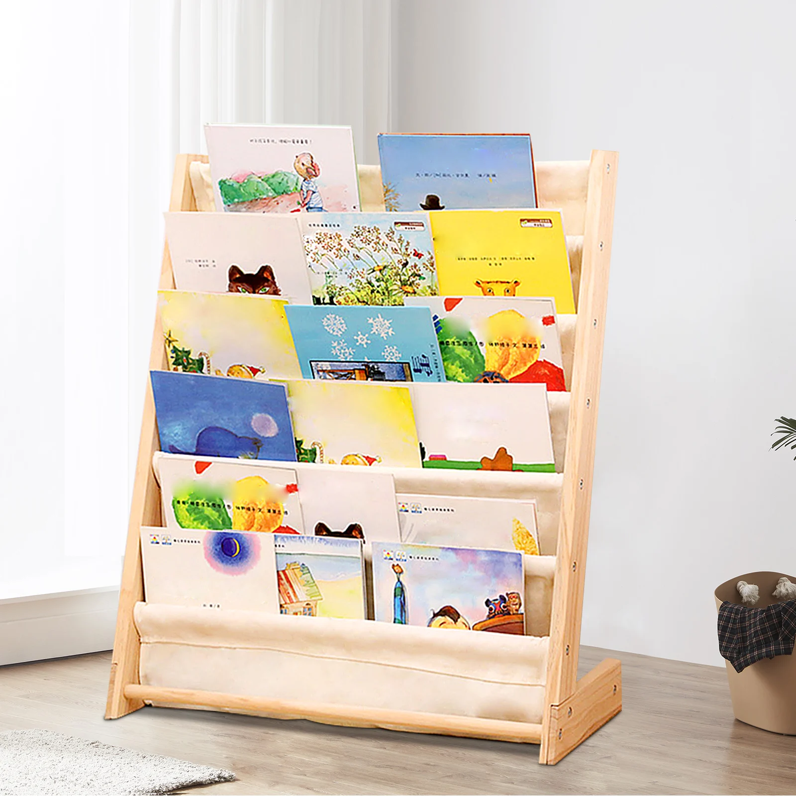 

6 Tier Floor Standing Bookshelf with Pine Wood and Cotton and Linen, 31.1 Inches Height and Triangular Structure for Kid