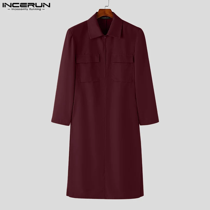 INCERUN Men Casual Coat 2024 Simple Solid Pocket Trench Zipper Long Sleeve Tops Solid Elegant Vintage Style Well Fitting Jackets