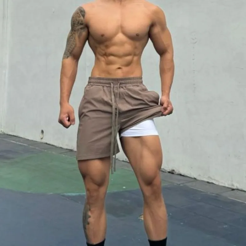

2025 быстросохнущие двухслойные шорты из ледяного шелка четырех четвертей, мужские шорты на подкладке, спортивные шорты для фитнеса, бега, повседневные новые дышащие шорты