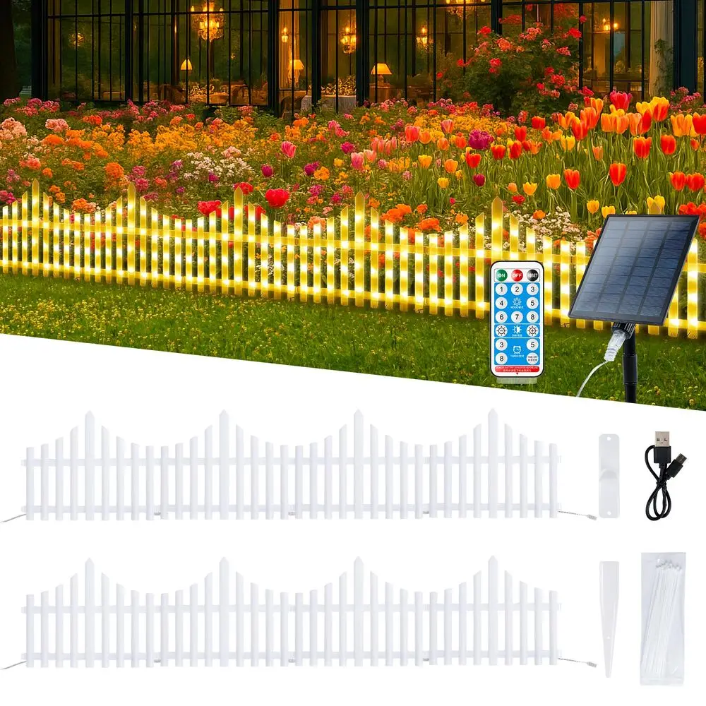 

8 Pack White Picket Fence for Garden, 11.1in H X 9.1ft L Garden Fence Border with 144 Led Solar Lights and Remote, Decorative M