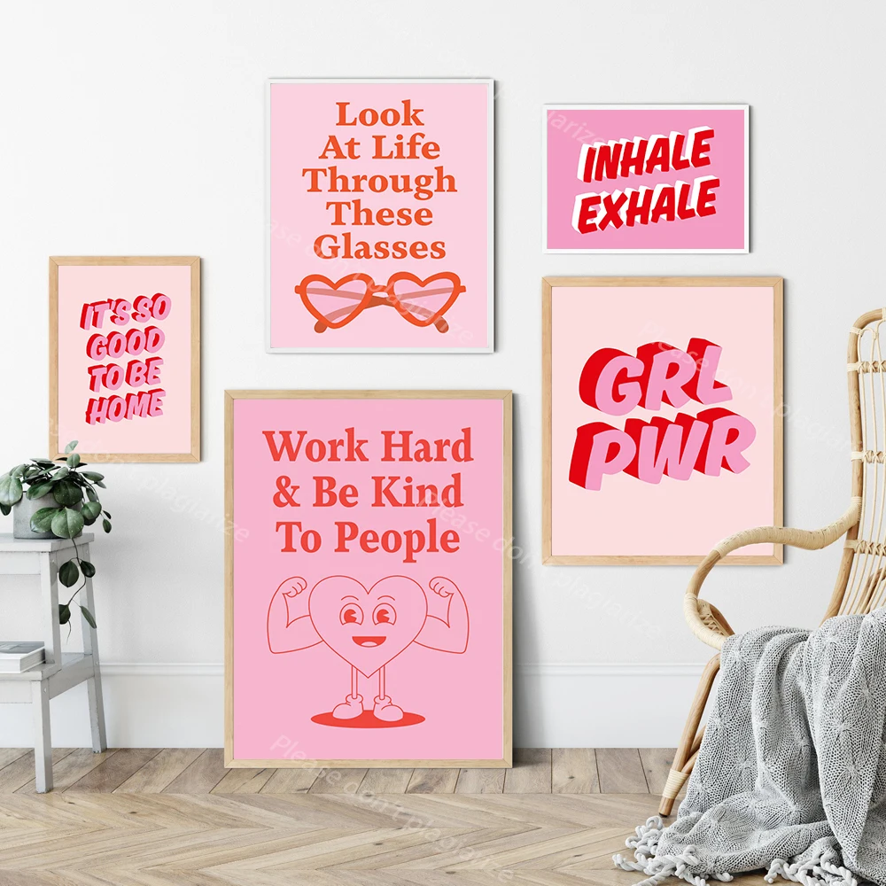 Retro Girl Power Inspirational Quote Prints Pink Wall Art Be Kind Typography Poster for Kids Nursery Living Room Decor Pictures