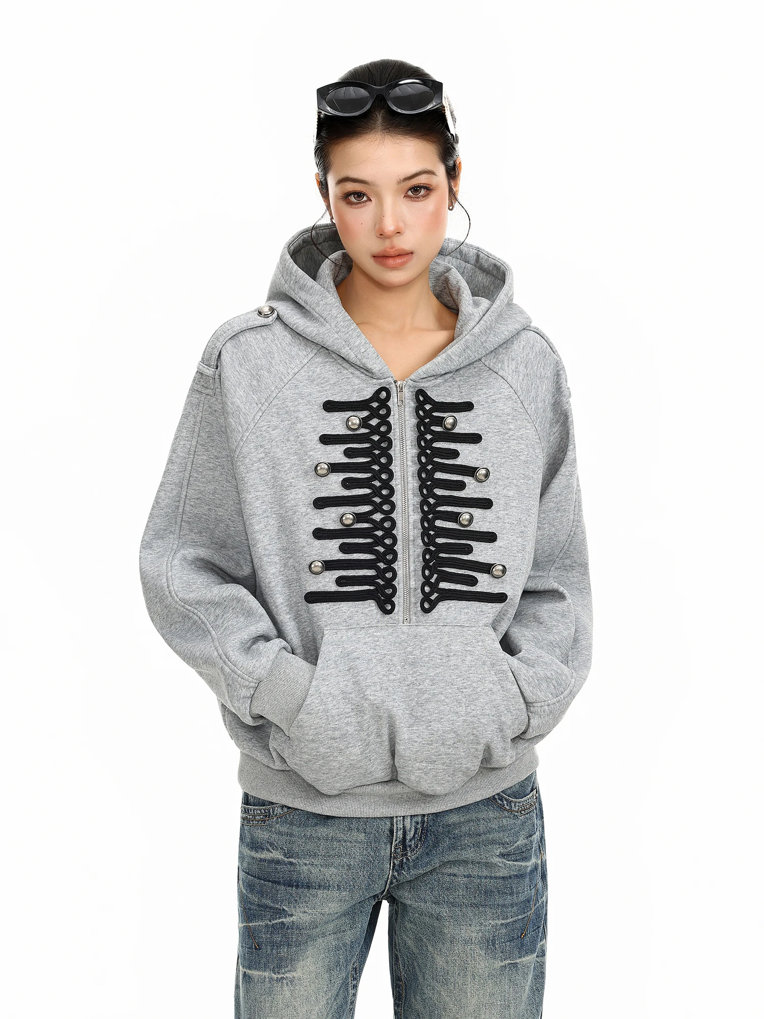 Biggold Napoleon Metal Buckle Hooded Sweater Women's Design Loose Fit Hoodie Casual Style Long Sleeve Autumn Top