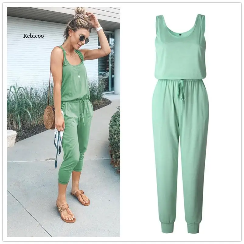 New Arrival Sexy Off Shoulder Sleeveless Belts Jumpsuits Summer Women Solid Casual Pockets Long Rompers Slim Style Beach