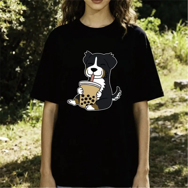 Cute Border Collie Drinks Pearl Milk Tea Cartoon Printed Short Sleeve T-shirt Summer Loose Men's and Women's Leisure Funny Top