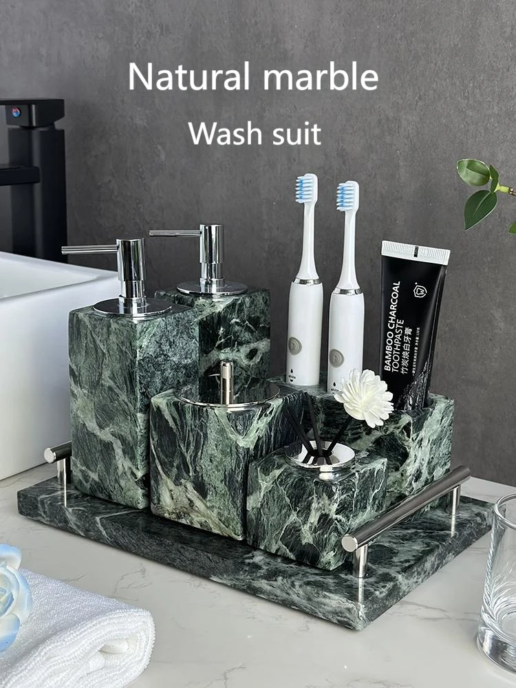 

Luxury Natural Marble Bath Tray Set - Green Onyx Stone Vanity Organizer w/ Hotel-Grade Waterproof Design for Spa & Home Decor