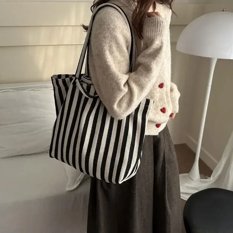 X90D Women Shoulder Bag Top Handle Bag Striped Commuting Bag Fashion Handbag All-matching Shopping Bag Students School Bag