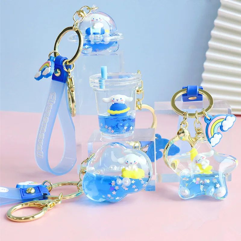 Sanrio อะนิเมะรูปเด็ก Cinnamoroll Key Chain รอบตุ๊กตาการ์ตูน Kawaii เป็นน้ำมันลอยขวดของขวัญจี้สำหรับหญิง