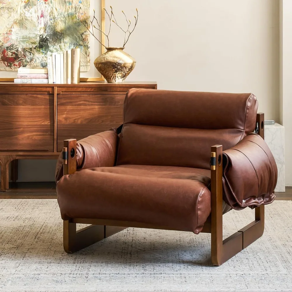 Vintage-Loungesessel aus massivem Holz, breiter und tiefer Sitz, Retro-Lederpolsterung, Füllung aus Seidenbaumwolle, bequeme Unterstützung
