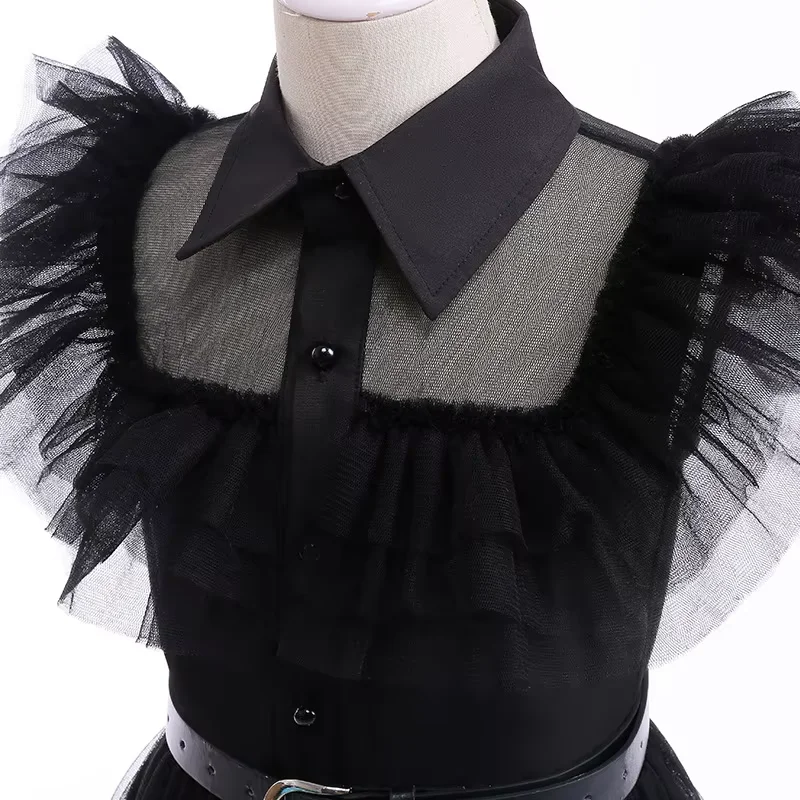 Schwarzes Gothic-Tüllkleid für Mädchen, Rüschenkleid mit Gürtel, Kinder-Halloween-Ballkleid, Studenten-Cosplay-Karnevalskostüm – Detail 4