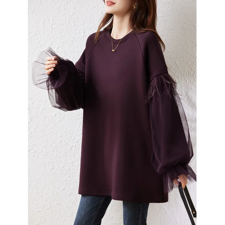 Felpa lunga autunno inverno Sve Me Splicing taglie forti Abbigliamento donna Midi rotondo Ne Color Top Vestibilità comoda