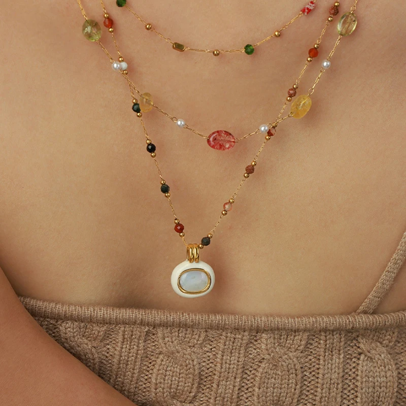 Malachite Pendant Necklace For Women Stainless Steel Gold Plated Natural Stone Pearl Beads Female Necklaces Luxury Woman Jewelry