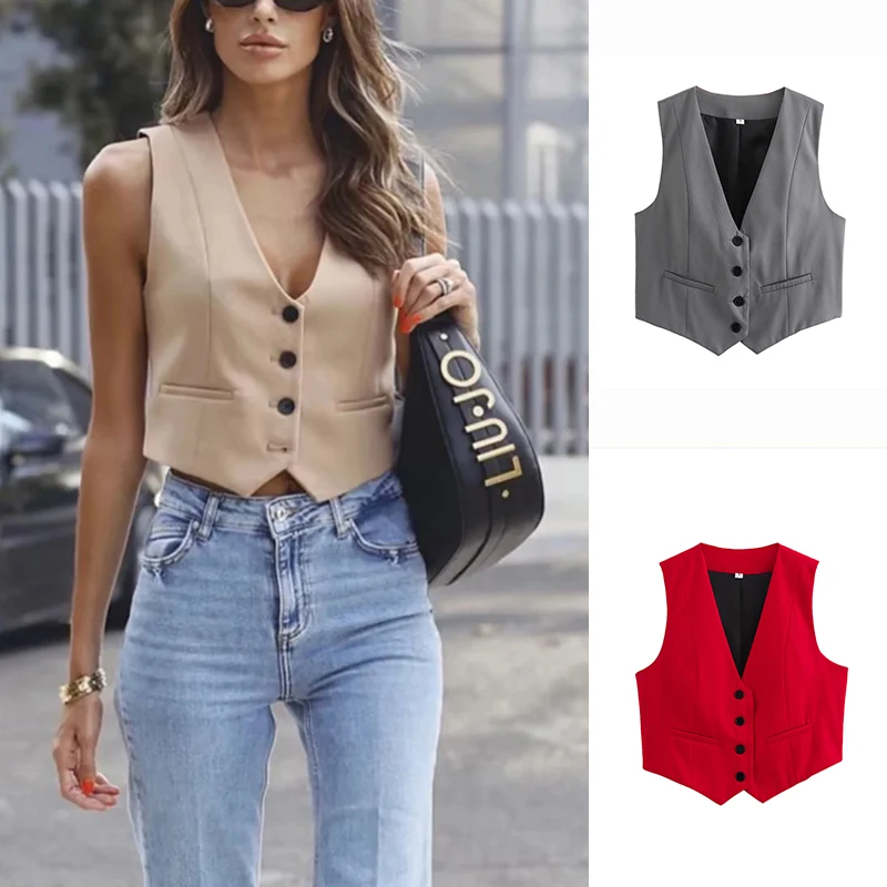 Frühling Sommer Neue Ankunft frauen Einfache Sle V-Ne Svel Taste Dekor ort Candy Farbe Weste Tank Top 2347888