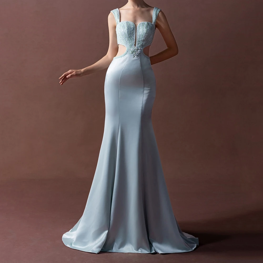 

Customized Mermaid Evening Dresses Floor-length Square Collar Sleeveless Prom Gown Fashion Sequined Draped Backless Party Gown