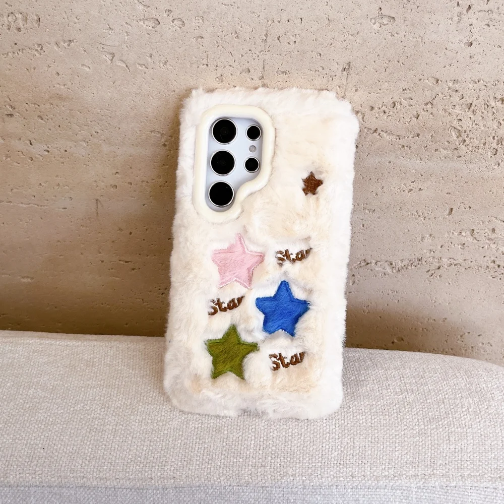 حافظة هاتف محمول لهاتف سامسونج جالاكسي S24 الترا حافظة 5G S23 S25 Plus قطيفة لطيفة قطيفة ملونة نجوم بنات هدية غطاء من الفرو المنفوش