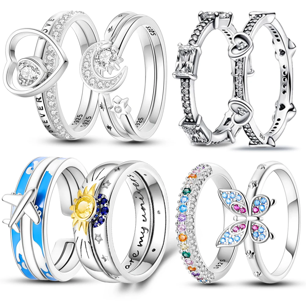 Hot Sale Original 925 Sterling Silver Woman Ring Galaxy Blue Zircon Sun Star Moon Wedding Stacking Ring Jewelry Gift For Women