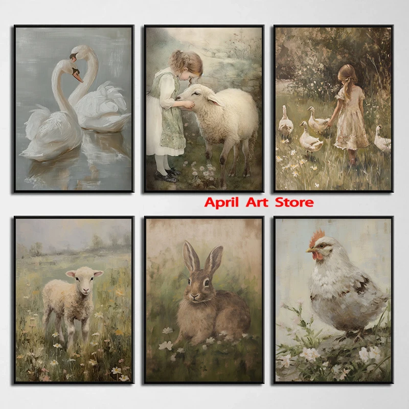 Farmhouse Kitchen Vintage Eggs Rabbit Lamb Swan Goose Canvas Painting Antique Country Art Poster Wall Prints Rustic Home Decor