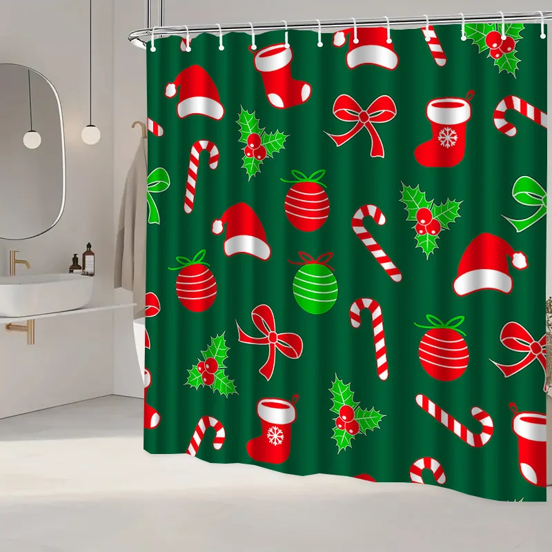 Christmas Pattern Shower Curtain, Red Green Santa Hat Candy Cane Print Waterproof Bath Curtain, Holiday Bathroom Decor for Home