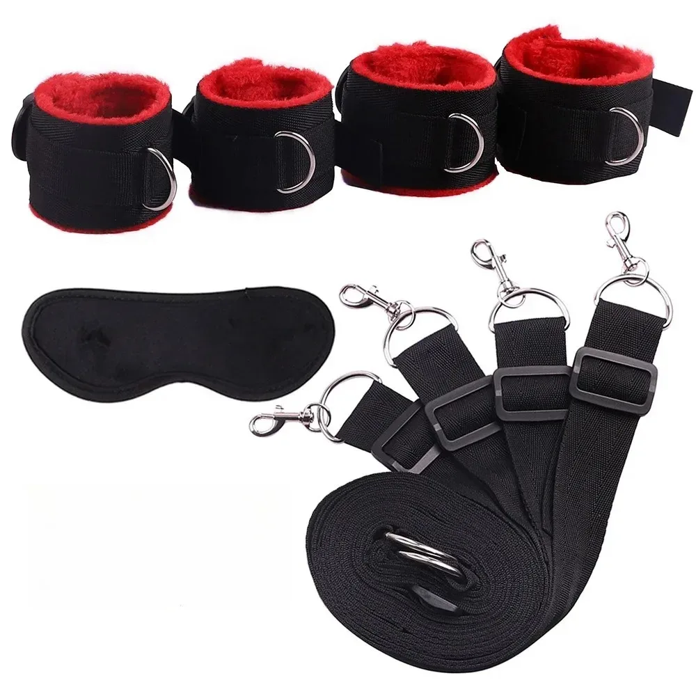 Adjustable Bed Bondage Binding Strap Set with Plush Hand Ankle Cuffs BDSM Restraint Gear Adult Couples Bedroom Game Accessory