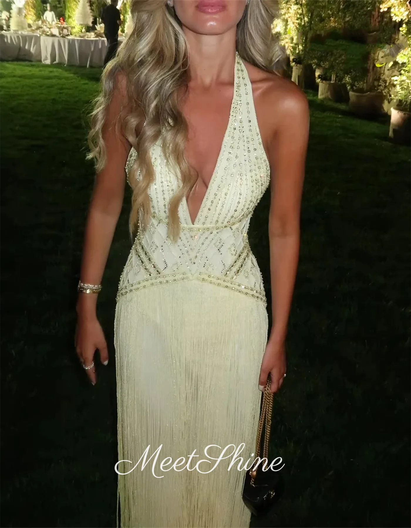 Abiti da sera a sirena con scollo a V profondo verde chiaro Squisiti abiti da ballo formali in chiffon con perline di cristallo senza schienale personalizzati