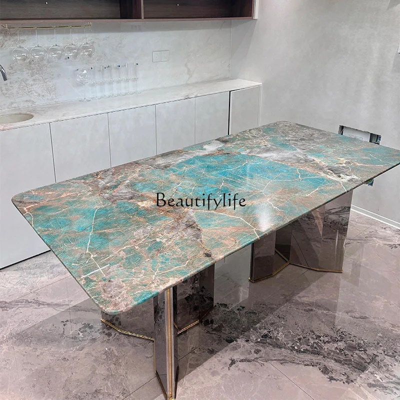 Green natural marble dining table Italian light luxury high-end rectangular household luxury stone dining table