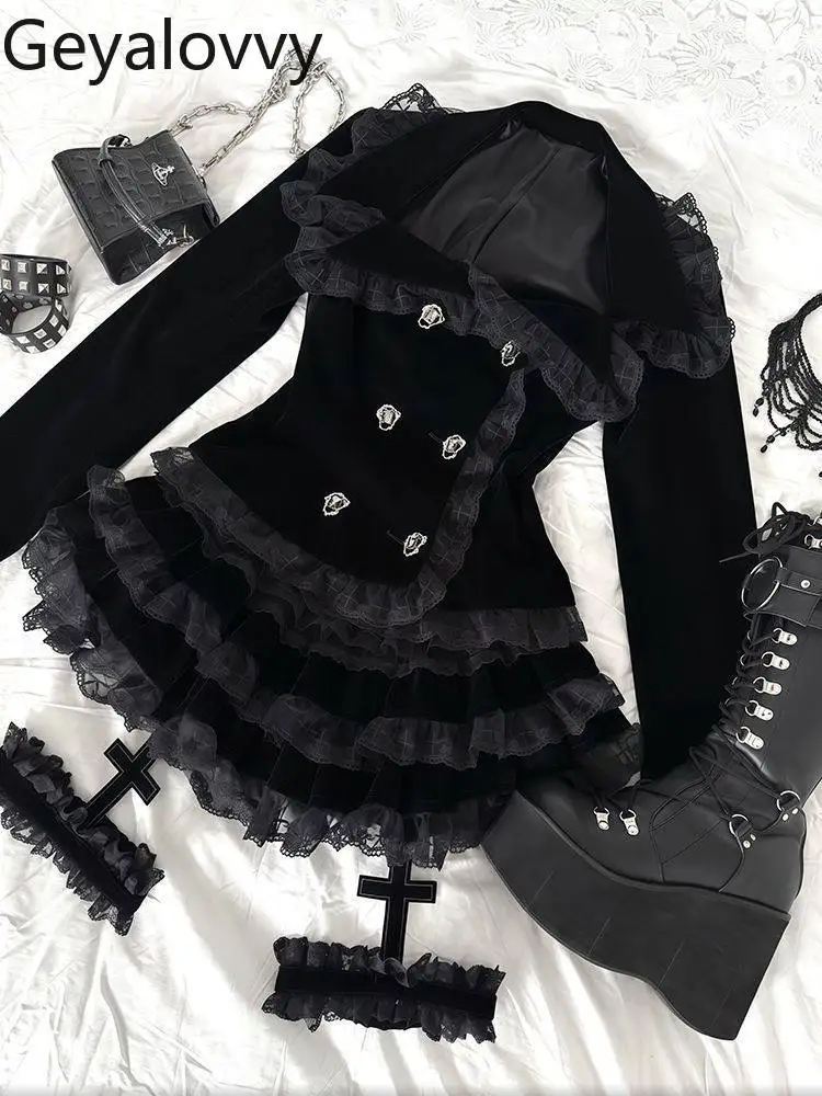

Japanese Retro Subculture Gothic Lace Double-Breasted Long Sleeve Jacket and High Waist Skirt Sweet Girl Black Versatile Set