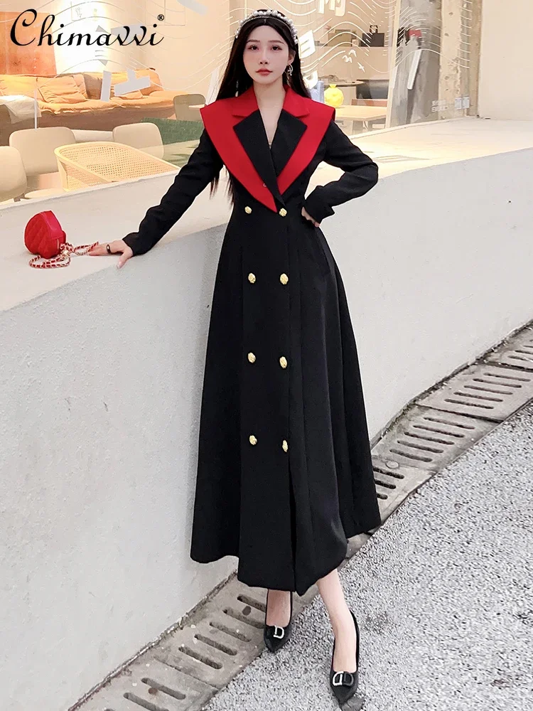 Professional Long Trench Coat Autumn and Winter New High-end Fashion Color Matching Elegant Lapel Double-breasted Trench Coat