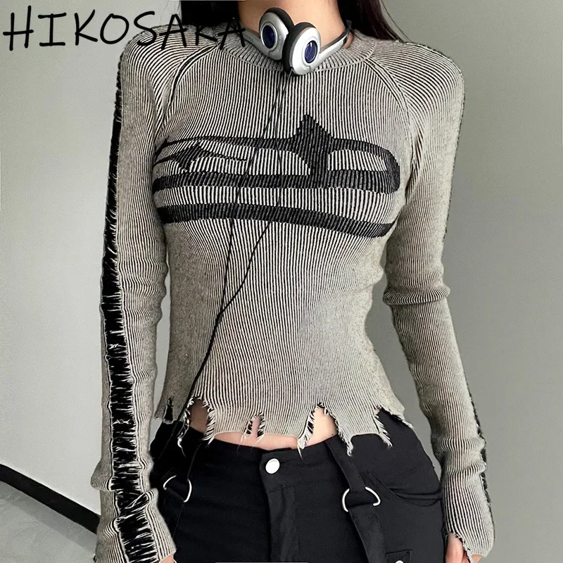 Grunge Punk Streetwear Raw Edge Irregular Sweater O-neck Slim Long Sleeve Knit Pullovers 2024 New Y2k Aesthetic Top Jumpers