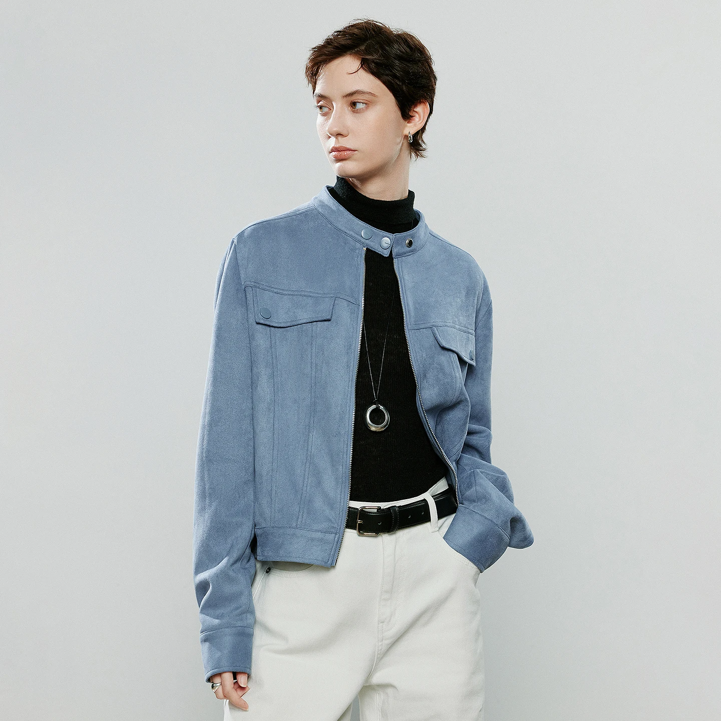 TOYOUTH Giacche da donna 2025 Inverno Nuova cerniera Colletto rialzato Capispalla retrò azzurro in pelle scamosciata