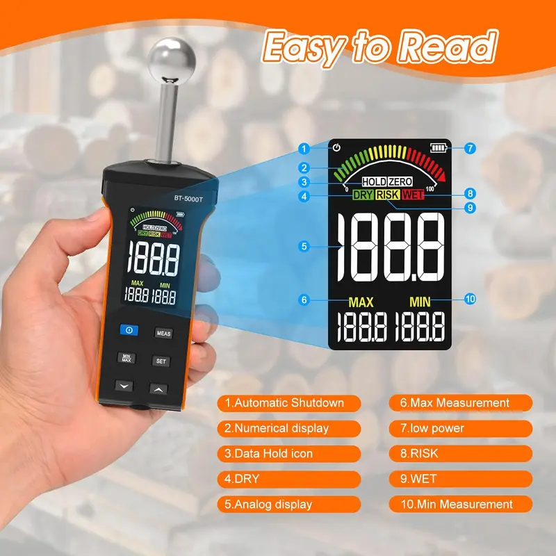 BT-5000T Pinless Wood Moisture Meter - Non-Contact Digital Humidity Sensor for Wood & Wall, 20-40mm Depth - Image 3