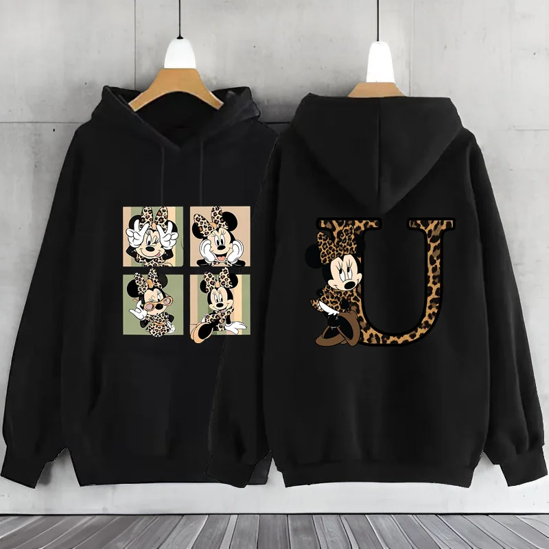 Leopard Minnie Mouse A-Z 26 English Letters Hooded Sweatshirt Woman Clothing Hoodie Long Sleeve Women\'s Sweatshirts Y2k Clothes