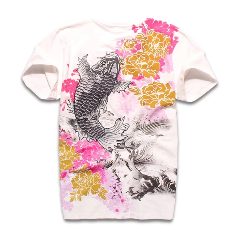 Lyprerazy Japanese Harajuku Ukiyoe Mens T-shirt Carp Fish Embroidery Chinese Style Vintage Embroidered Tattoo T Shirt