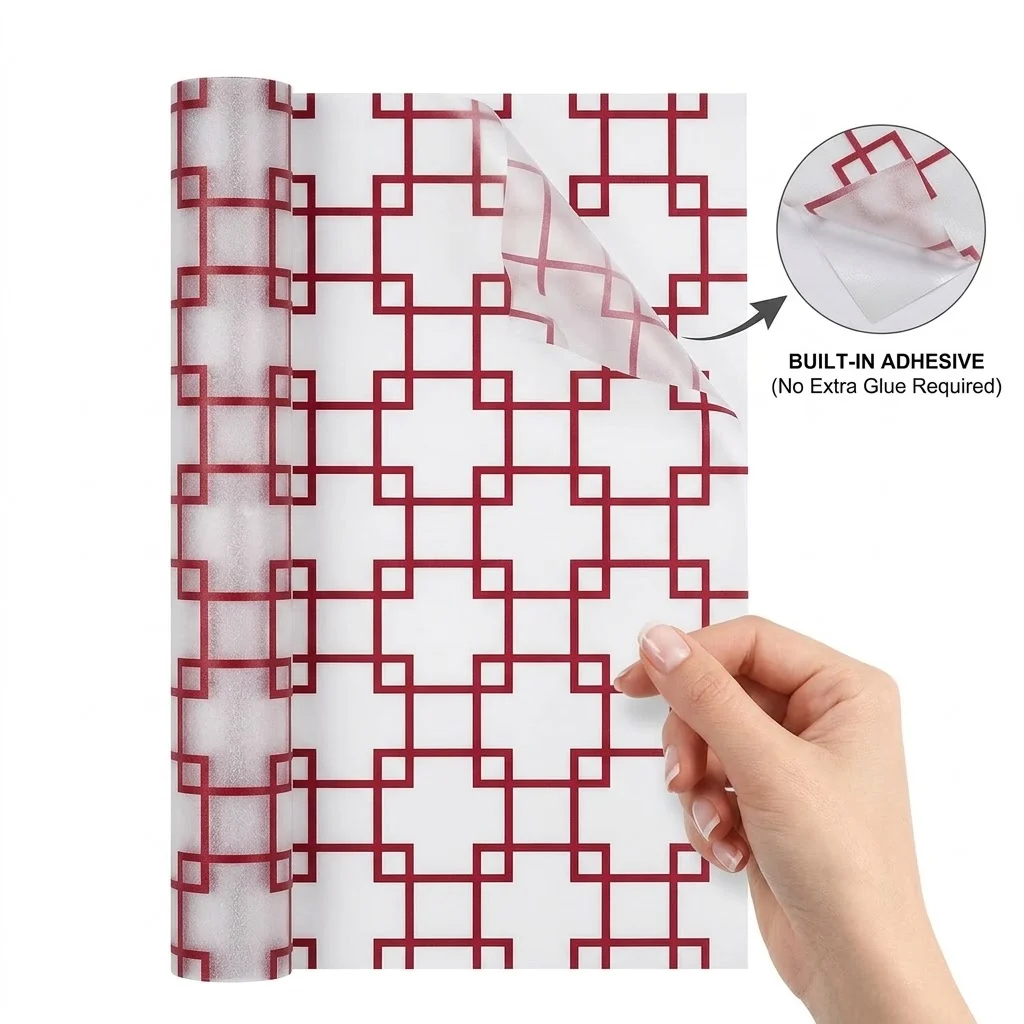 Reddish-Brown PVC Window Film Self-Adhesive Frosted Privacy Protection Chinese Lattice Maze Grid Design Removable No Residue