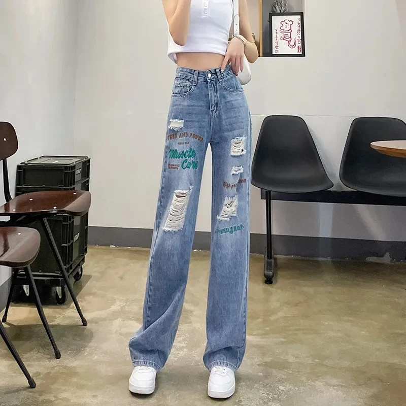 

Ripped Jeans Women's High Waist Korean Loose Wide Leg Jean Letter Embroidery Straight Denim Pants Vintage Vaqueros Pantalones