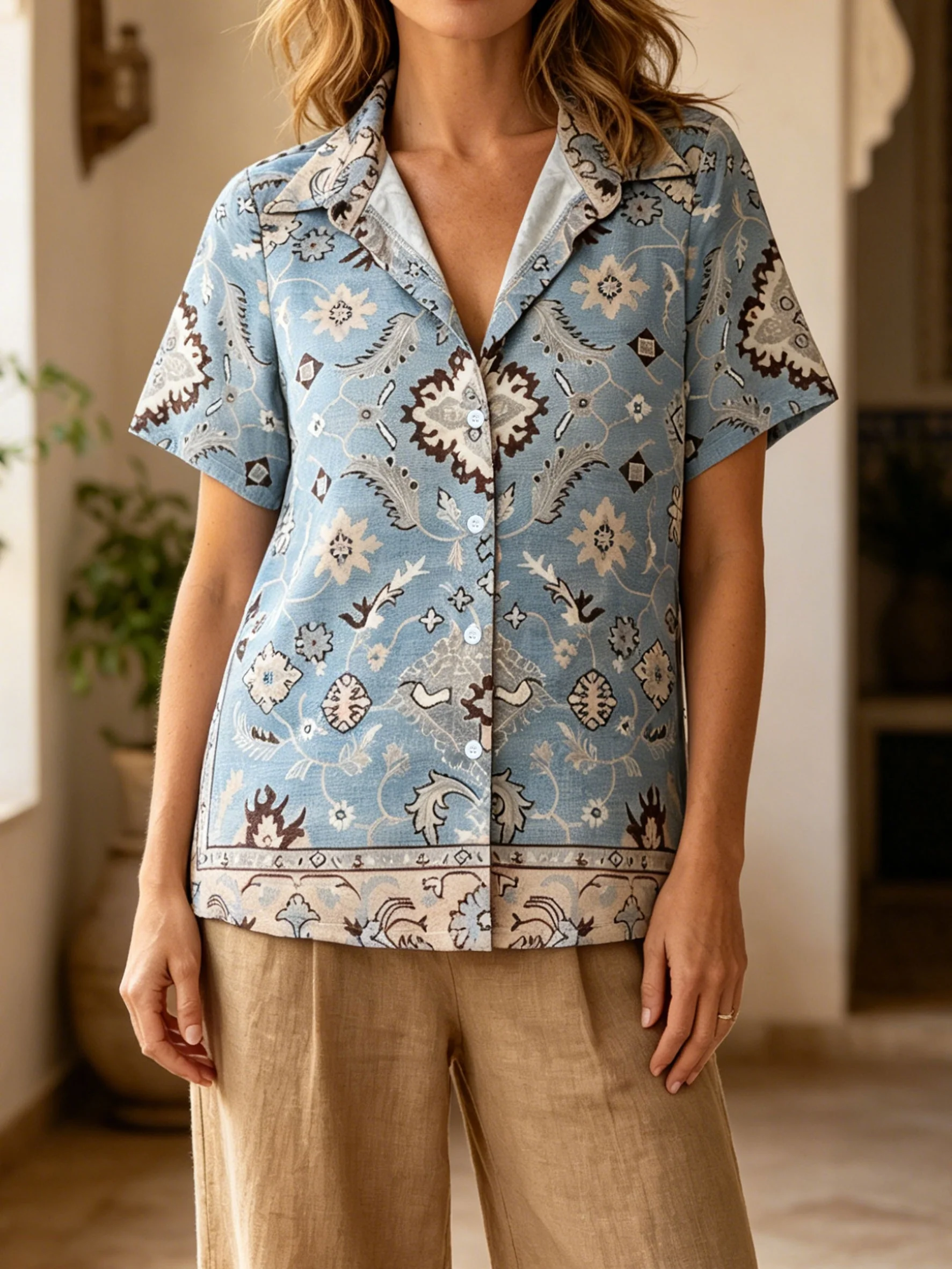 

Women's Summer Geometric Print Shirt – Button-Front Casual & Workwear Top with Ethnic-Style Patterns