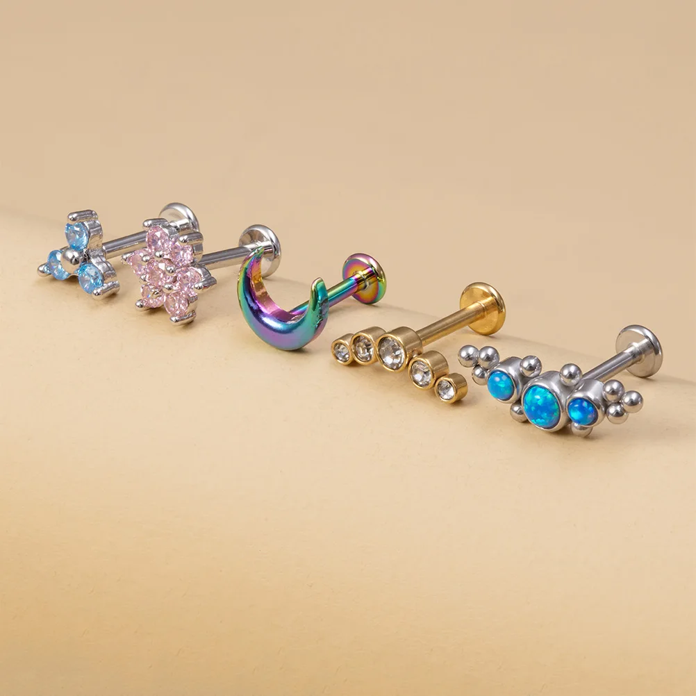 1pc Zircon Labret Studs 16G Flower Moon Lip Monroe Piercing Internally Threaded Steel Medusa Ring Helix Cartilage Tragus Earring
