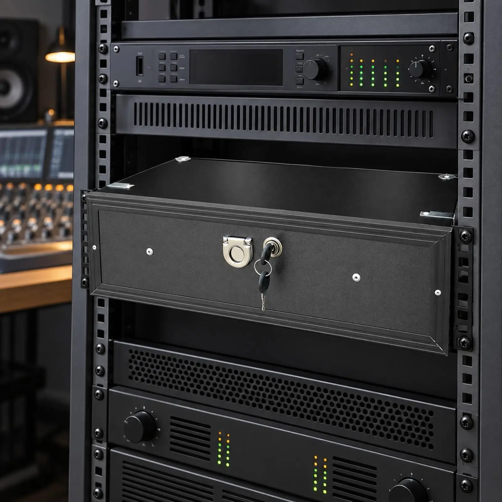 3U Rack Drawer with Cushioned Interior for Organizing Studio Gear in Standard Rack Setup