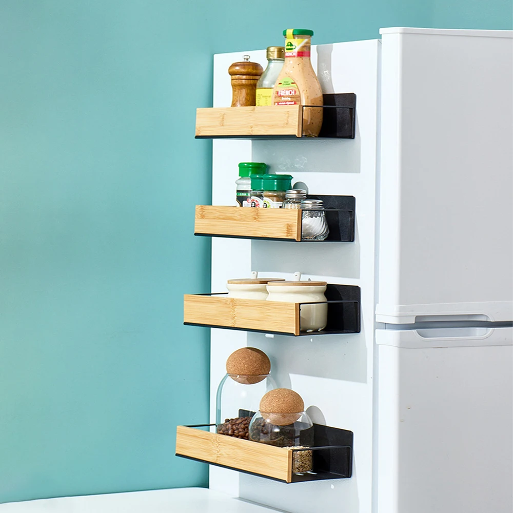 Magnetic Fridge Shelf Spice Storage Rack Black Iron Space Saving for Cabinet on The Side of Refrigerator Kitchen Organizer Shelf