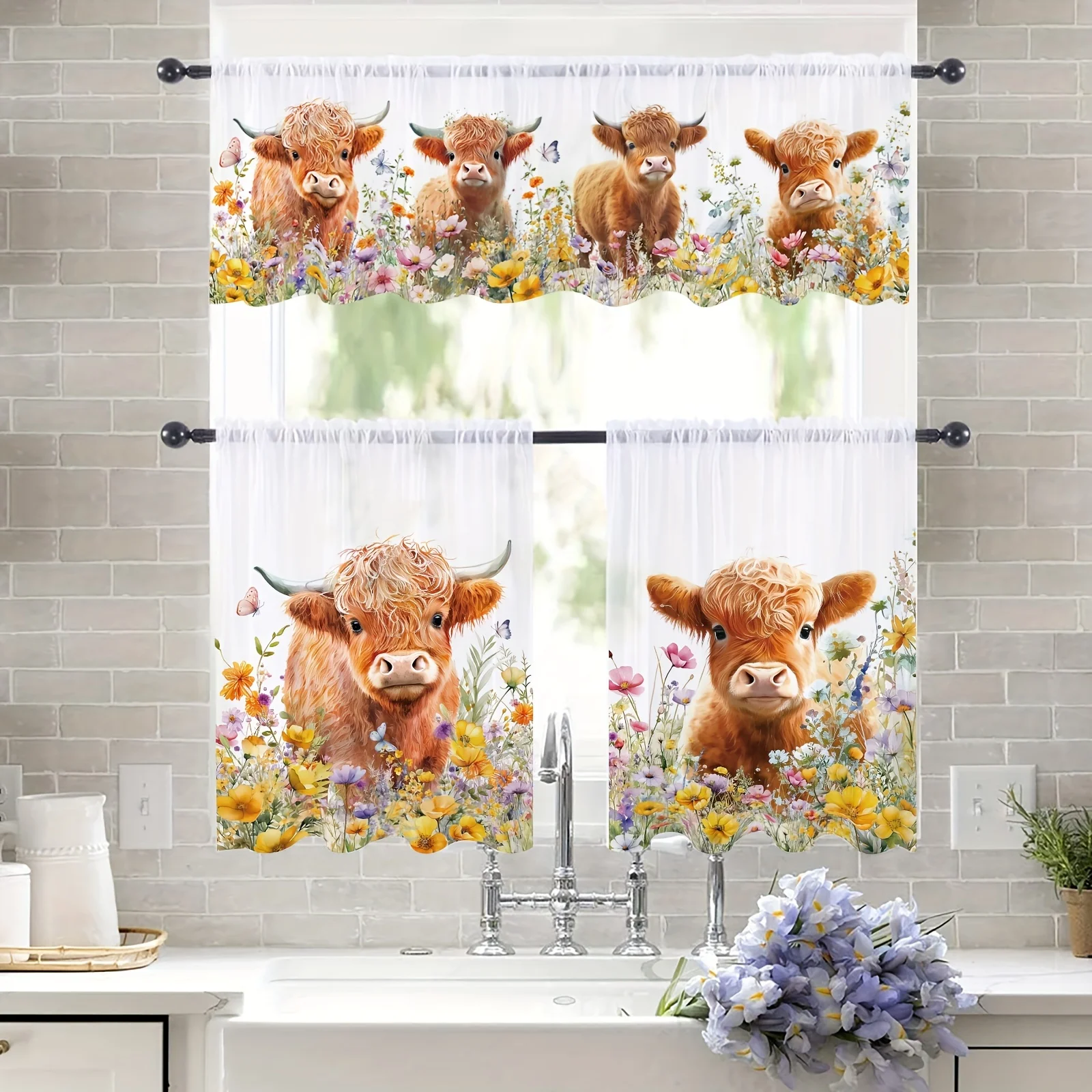 Rustic Cottagecore Cow Floral Curtains Bathroom Window Drapes Farm Animal Print Decorative Privacy Curtains Pair Set