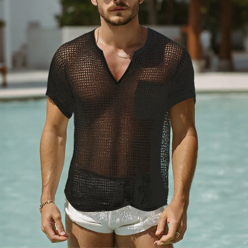 INCERUN Men T Shirts Mesh Hollow Out See Through V Neck Short Sleeve Male Vests Sexy Summer Streetwear 2025 Fashion Men Clothing