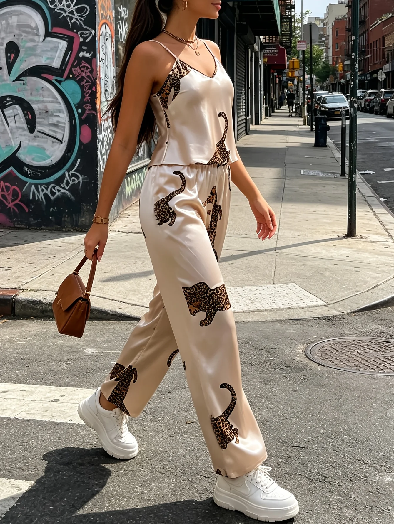 European and American style animal leopard print women's ice silk pajamas 2-piece set, adjustable thin straps, sexy backless camisole + loose straight long pajama pants for home and outdoor wear, Valentine's Day gift