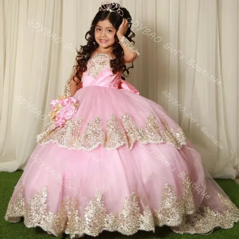 여자아이 공주 드레스, 트레인 레이스 아플리케 꽃무늬 드레스, 긴팔 티어드 튤 맞춤 웨딩 파티 볼 가운