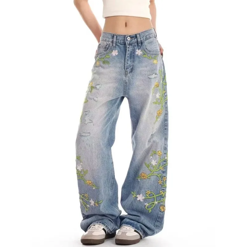 

pants WOMEN cherry blossom Embroidery Hip Hop y2k streetwear jeans WOMEN women Retro fashion Casual wide leg Denim Pants