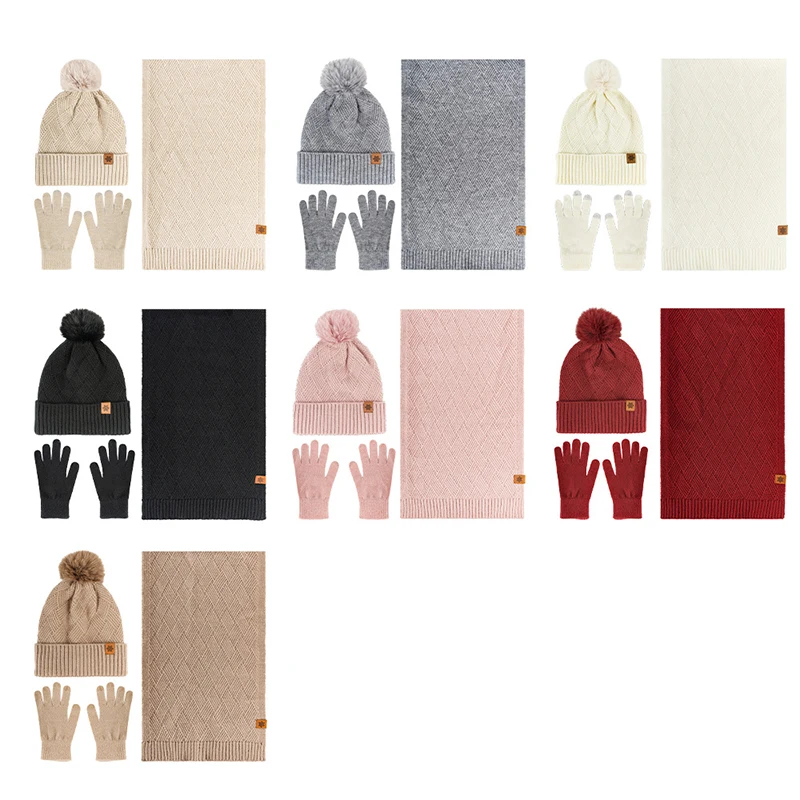 

Autumn and winter woolen three piece set warm and double-layer thick knitted women's knitted hat comfortable warm and windproof