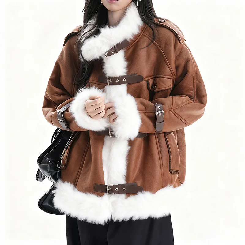 ReddaChic Brown Retro Fleece Lined Suede Leather Jacket Women Punk Motorcycle Buckle Belt Fuzzy Faux Fur Coat Winter Outerwear