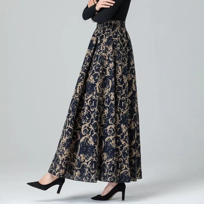 2023 Spring Summer Half-length Skirt High Waist Literature Retro National Style Medium Length A-line Skirt Korean Women Clothes