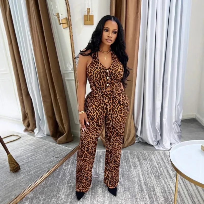 

KEXU Activewear Leopard Print Women's Set Sleeveless Vest Tops + Wide Leg Pants Casual Sporty Two 2 Piece Sets Outfits Tracksuit