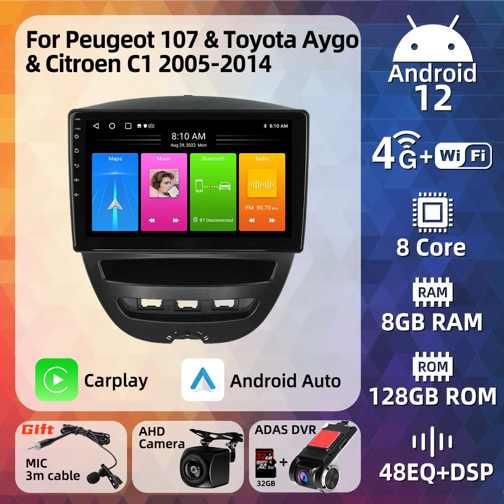 

Car Multimedia Player for Peugeot 107 Toyota Aygo Citroen C1 2005-2014 Android 2 Din Radio Stereo Screen Navigtion GPS Carplay