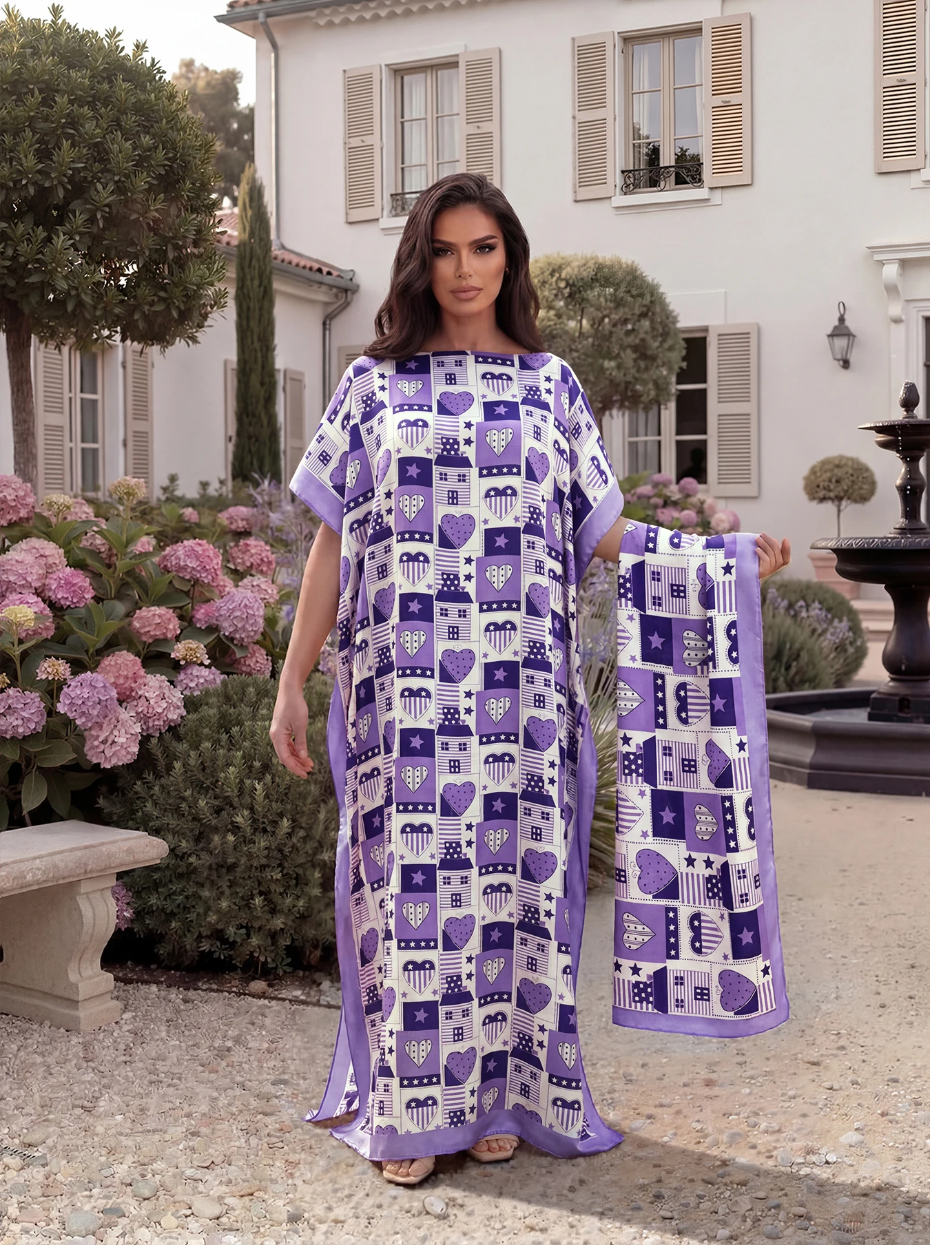 Heart Geometric Print Satin Abaya & Scarf Set, Loose Batwing Kaftan Maxi Dress for Muslim Women Summer Daily Holiday Wear