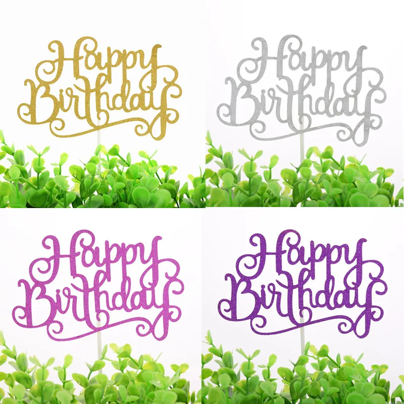Feliz cumpleaños pastel Topper Glittler oro plata púrpura fucsia pastel banderas fiesta de cumpleaños pastel hornear decoración Babyshower pastel banderas