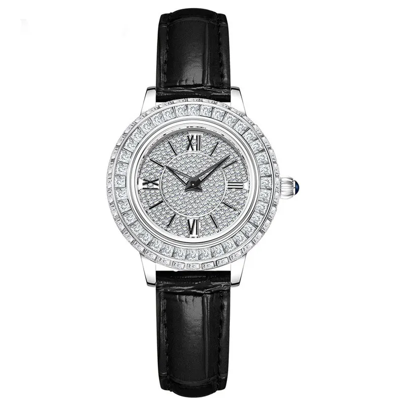 Women Quartz Watch Full Diamond Dial Iced Out Rhinestone Black Red Blue Leather Strap Ladies Fashion Analog Wristwatch Gift